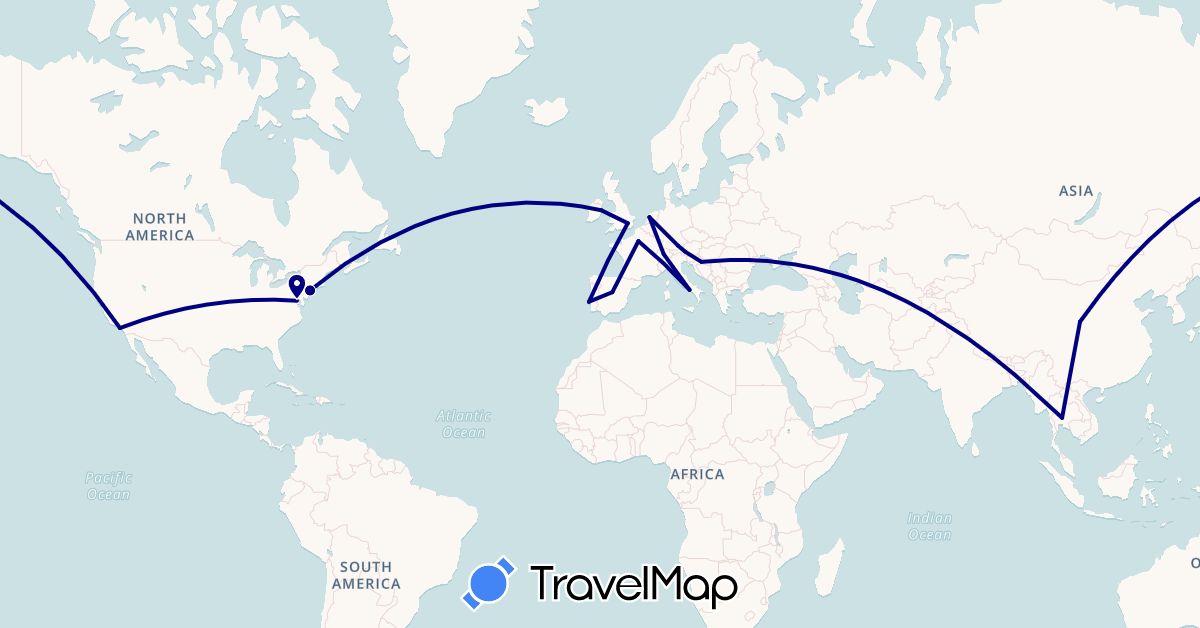 TravelMap itinerary: driving in Austria, Switzerland, China, Germany, Spain, France, United Kingdom, Croatia, Ireland, Italy, Netherlands, Portugal, Thailand, United States (Asia, Europe, North America)